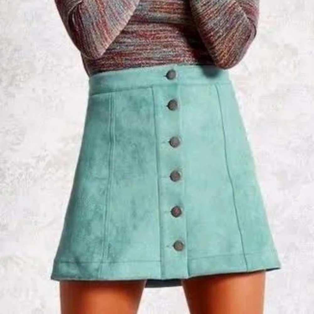 Retro Forever 21 LA Faux Suede Button Down Mini Skirt Blue/Green Size 30 Medium